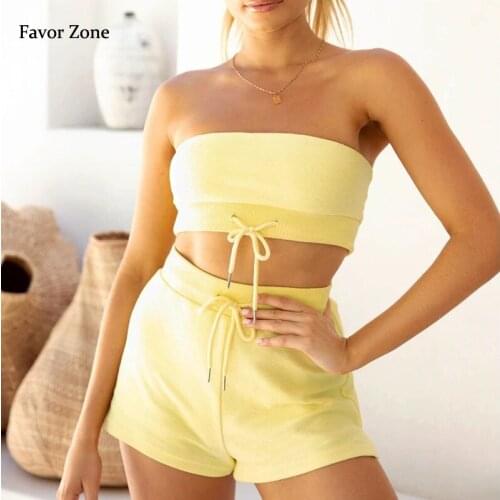 Sexy Strapless Sleeveless Crop Tops 2 Piece Set Women Casual Elastic Waist Solid Color Shorts Outfits Womens Suits Sportswear