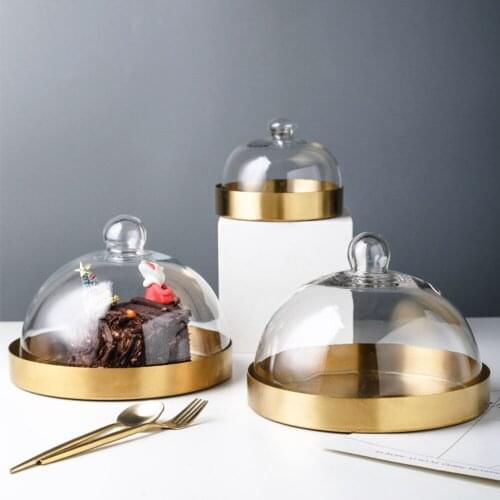 Transparent Glass Cake Cover Dust-proof Fresh-keeping Cover Cake Plate Dim Sum Tray Golden Stainless Steel Round Dessert Plate