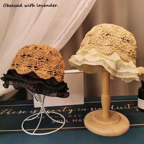 Obsessed with lavender.Retro straw lace Baotou Hat womens summer hand-woven scarf Hat Hat Hat lace openwork fisherman Hat