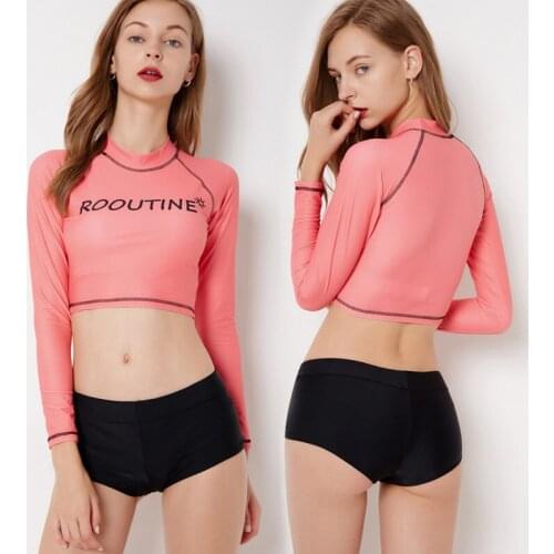 Rash Guard Women Crop Top Bikini Swimwear Long Sleeve Pink Shirt Black Shorts 2pcs Surfing Beachwear Surf Rashguard Diving Suits
