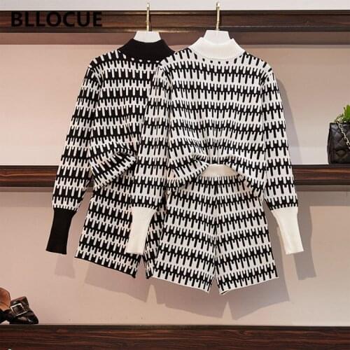 BLLOCUE 2020 Autumn European Style Women Long Sleeve Pullover Shorts 2 Piece Set Female Vintage Pattern Jacquard Knitting Suits