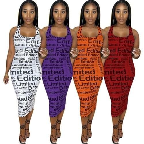 Letter Printed Tank Long Dress Casual Sleeveless Bodycon Dresses for Women 2021 Summer Fashion Clothing Sexy Streetwear Sundress