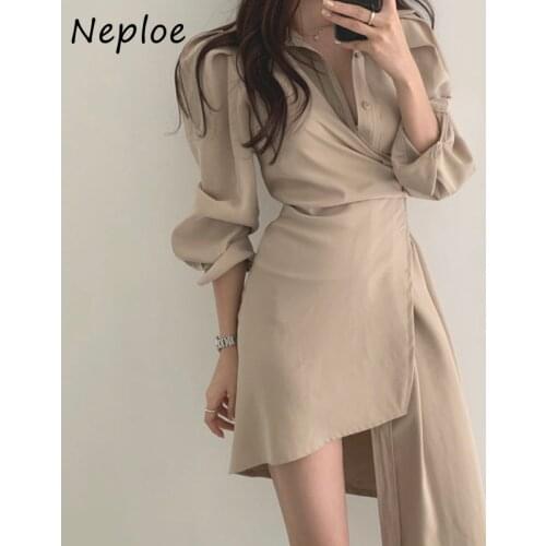 Neploe Short Irregular Shirt Dress Women Korean Chic Autumn Temperament Robe Lapel Collar Single Breasted Waist Vestido