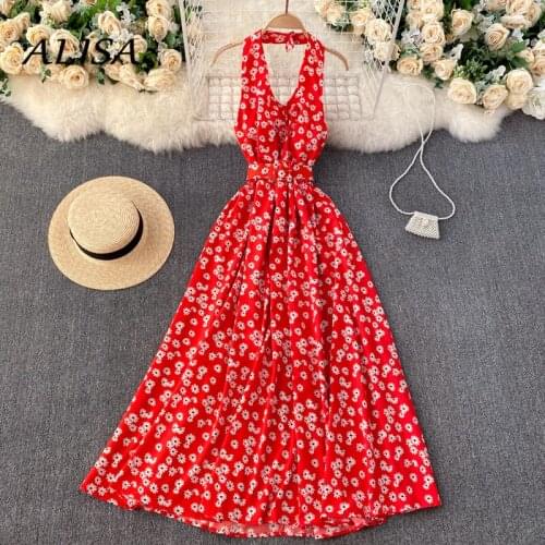 Summer Beach Style Sexy Backless Dress Women V-neck Sleeveless Halter Floral Printing Long Dress Women Elegant Dresses Vestido