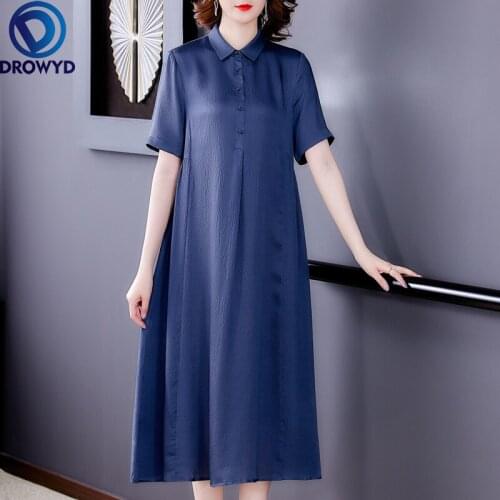 2021 Summer Vintage Solid Shirt Dress Women Casual Black Short Sleeve Mulberry Silk Midi Dresses Elegant Bodycon Party Vestidos