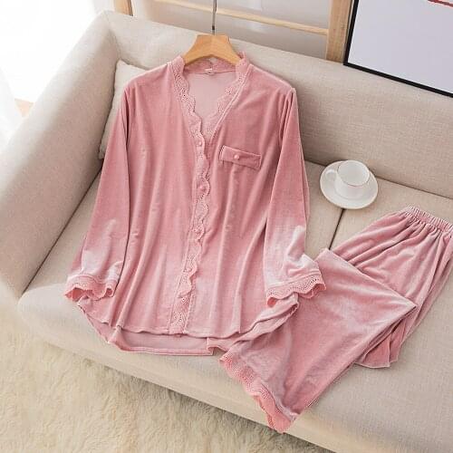 Two-piece Gold Velvet Pyjamas V-Neck Cardigan Lace Pajamas Set Long-sleeve Trousers Autumn Winter Warm Button Sleepwear Homewear