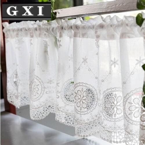 GXI White Half Curtain Willow Leaf Water Soluble Lace Coffee Tulle Pure for Bar Kitchen Cabinet Door Short Valance Sheer DL055-C