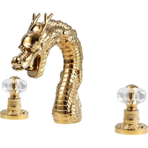 Free ship gold pvd widespread 3 Holes Solid brass Bathroom Sink DRAGON Faucet crystal handles deck mounted mixer tap