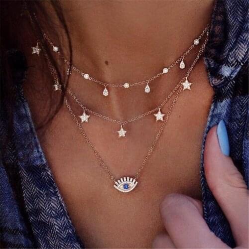 Bohemian Gold Multilayer Sta Crystal Necklace For Women Fashion Blue Rhinestone Eye Necklace