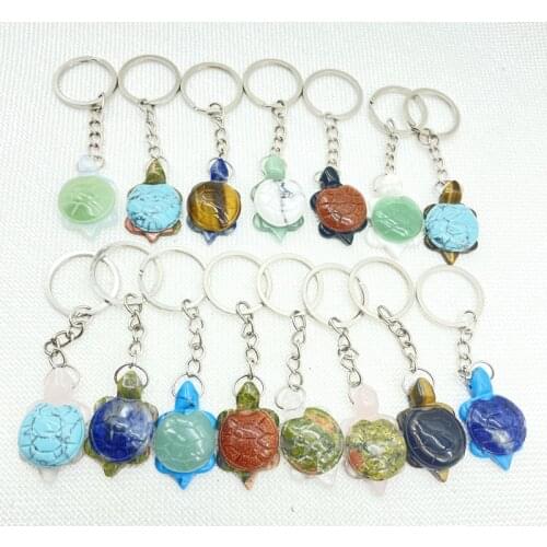 Natural Gem Stone Turquoise Quartz Crystal Opal Tiger Eye Carved tortoise Keychain Pendant For Jewelry Making Key Accessories
