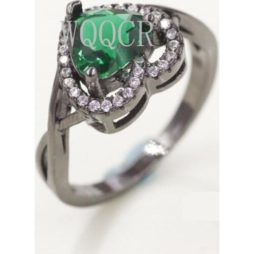 Black Gold Rhinestone Princess Heart Cut Green/blue/red/transparent CZ Wedding Engagement Ring Bridal Ring Size 7-9