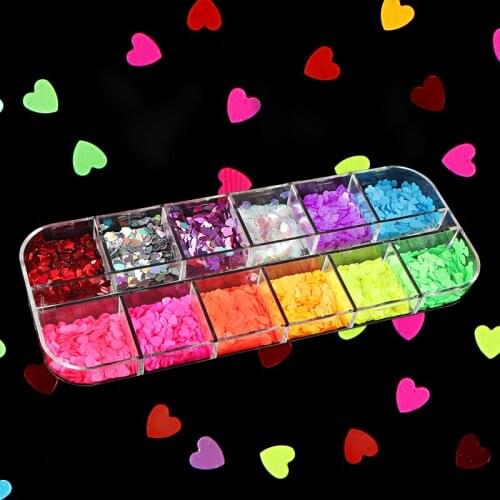 12 Grids Fluorescence Sweet Love Heart Nail Art Sequins For Nail Art Decorations Neon Glitter Flakes Set Valentine Charm Designs