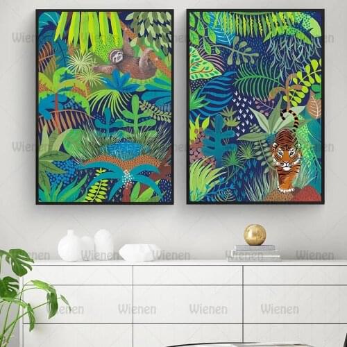 Canvas Painting Sloth Monkey Tiger Jungle Wall Art Posters and Prints Rainforest Tree Nordic Wall Pictures for Living Room Decor