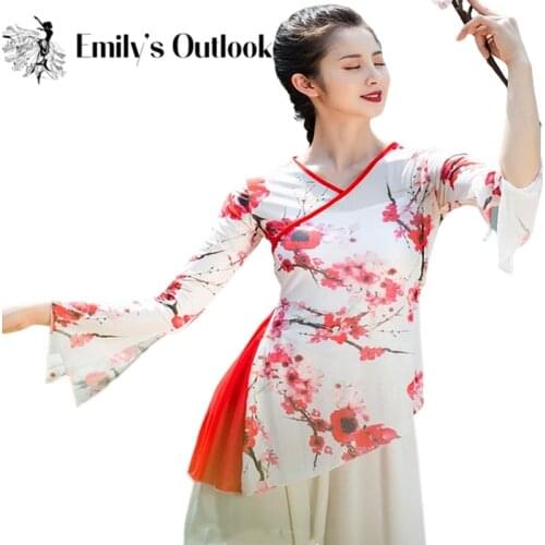 Chinese Red Plum Blossom Classical Dance Shirt Long Sleeve Mesh Body Rhyme Top Modern Dance Practice Flowy Wear Adults