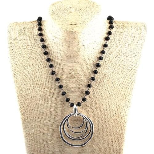 Fashion Bohemian Jewelry Glass Crystal Chain Circle Metal Pendant Necklace For Women Ethnic Necklace