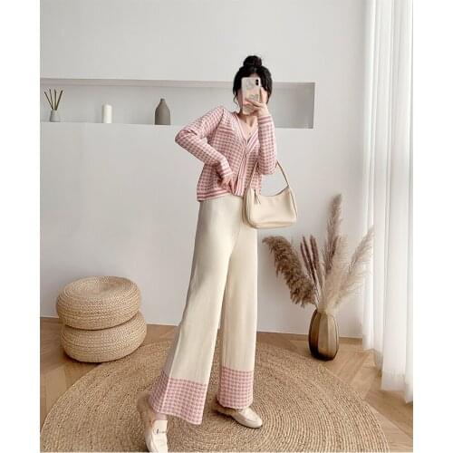 Fashion womens suit new temperament sweater knitted wide leg pants casual sweet v-neck two-piece suit