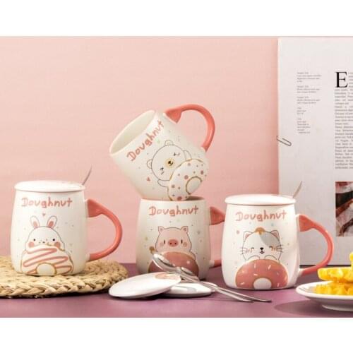 Cartoon Animal Relief Ceramic Cup Cute Girl Heart Mug Net Red Water Cup with Spoon Gift Couple Cup