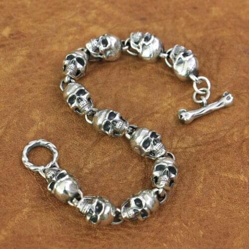 925 Sterling Silver Details Skulls Chain Mens Biker Rock Punk Bracelet TA175