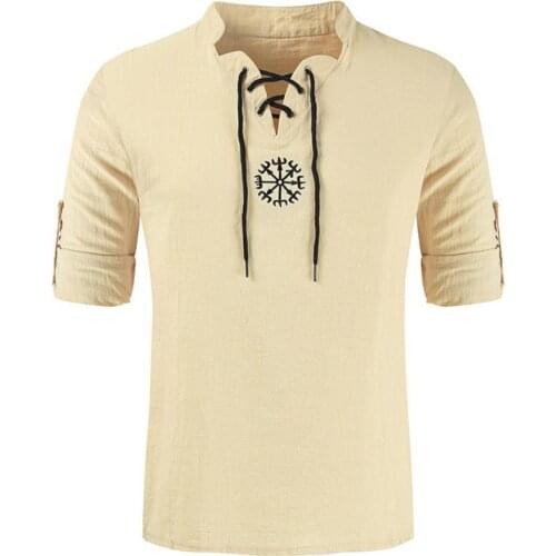 2021 T-Shirts Men Linen V Neck Spring Long Sleeve Medieval Knight Shirt Top Cosplay Costume Party Blouse Cotton Linen tshirt