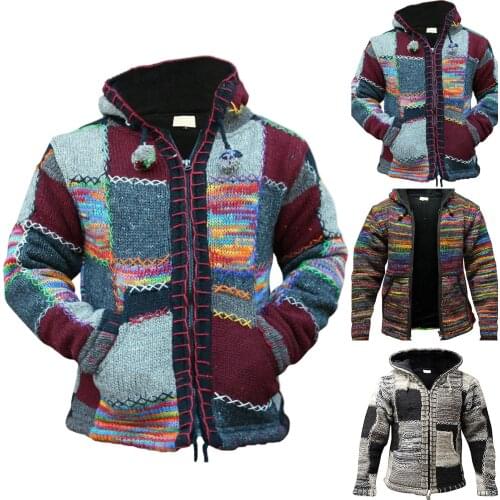 Men Style Pocket Cardigan Hooded Coat Casual Loose Ethnic Long Sleeve Patchwork Knitted Jacket Male Outwear Pluse Size M-5XL New
