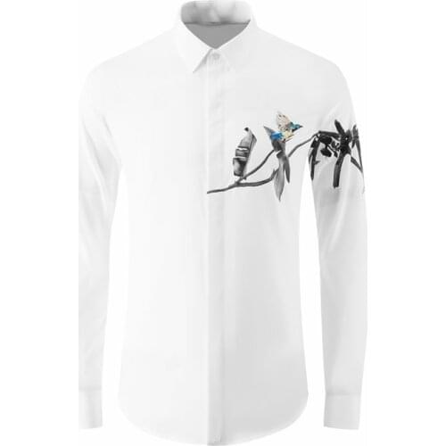 New Arrival High Quality Autumn Canna Blue Logo Butterfly Leaf Men Fashion Brand Freehand Brushwork Casual Shirt Plus Size M-4XL