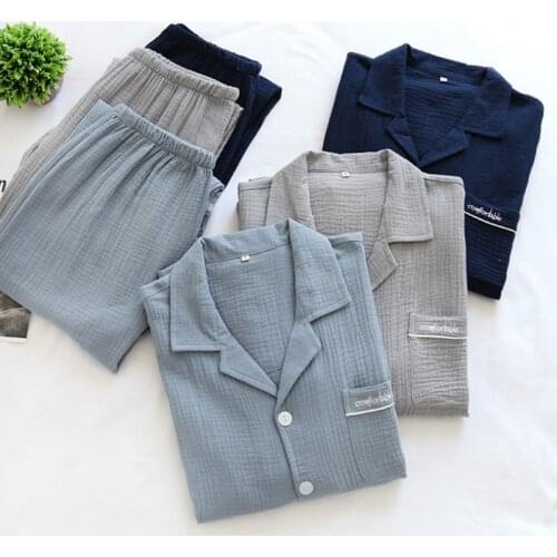 Autumn And Winter Mens Crepe Gauze Pajamas Cotton Solid Pijamas Elastic Waist Lounge Wear Men Nightwear Plus Size Sleep Wear