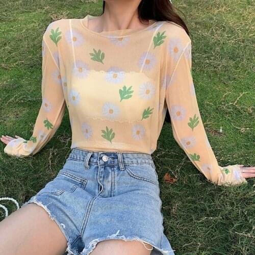 Women HOT Summer Long-Sleeve Cover-Up Sunscreen Shirt Smock Top Flower Print Wild Mesh Cute Sweet Korean Style Chiffon T-Shirt
