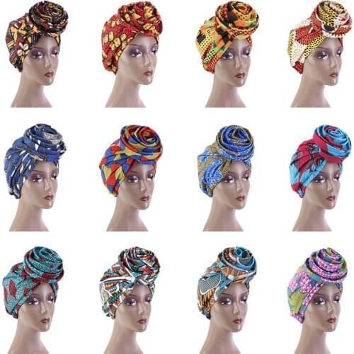 12pcs/lot African Pattern Wowen Knot Headwrap Pre-Tied Knotted Turban Bonnet Satin linned Beanie Headscarf Cap Headwear