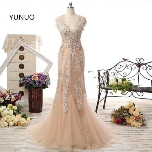 YUNUO Hot Sale New Champagne Mermaid Lace Appliques Mother Of The Bride Dresses Short Sleeves Robe De Soiree Dress S7041403