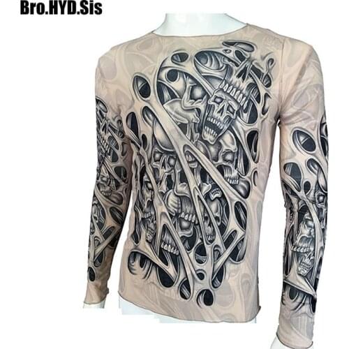Funny Mens Skull Tattoo T-shirts Long Sleeve Elastic Modal Thin Women Tops All Over Print Tattoo Shirts Camisetas de Tatuajes