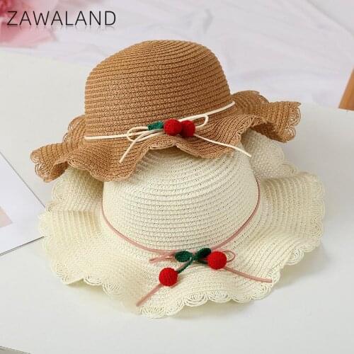 Zawaland 2021 Girls Cherry Straw Hats Cute Princess Parent-Child Hat Children Summer Sunhat Travl Outdoor Sport Beach Caps 2-8Y