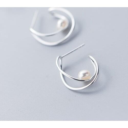 MloveAcc Vintage Authentic 925 Sterling Silver Pearl in Circle Women Stud Earrings Fashion Earrings Jewelry