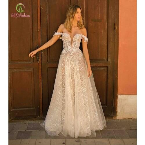 SSYFashion New Sexy Wedding Dress for Bride Backless Boat Neck Lace Fower Sequins Beach Formal Wedding Gowns Vestido De Novia