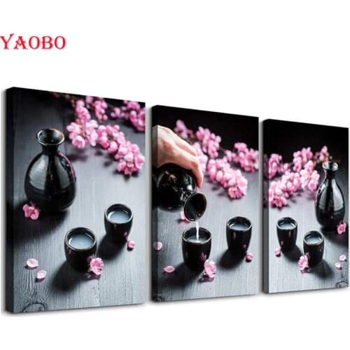 3Pieces DIY Diamond Mosaic Wall Artworks Restaurant Tea Flora 5D Embroidery Rhinestones Painting Full Square Round Cross Stitch