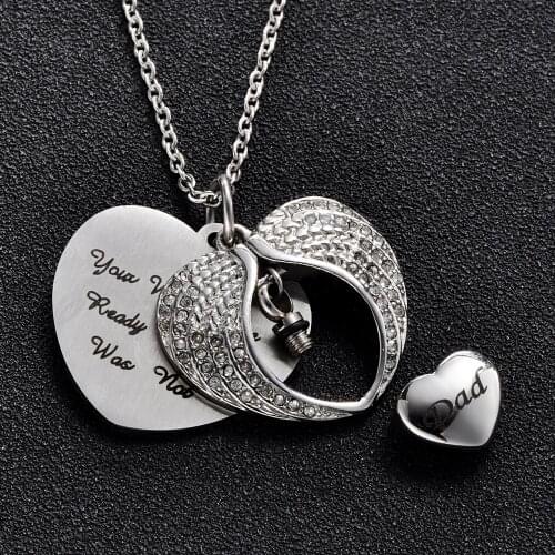 Angel Wing Hold Heart Cremation Urn Necklace Engraving Dad Keepsake Memroial Jewelry