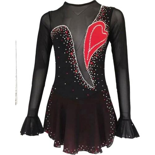 Black Figure Skating Dress Long-Sleeved Ice Skating Skirt Spandex