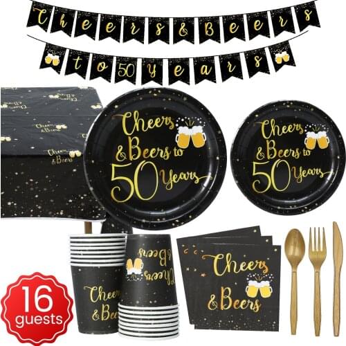 Cheers To 50 Years Birthday Party Decor Black Gold Party Disposable Plates/Cups/Napkins For Adult Birthday Party Supplies