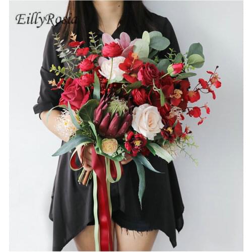 EillyRosia Red Wedding Bouquet for Bride Imperial Flower Handmade Country Bridal Bouquet de fleurs artificielles mariage