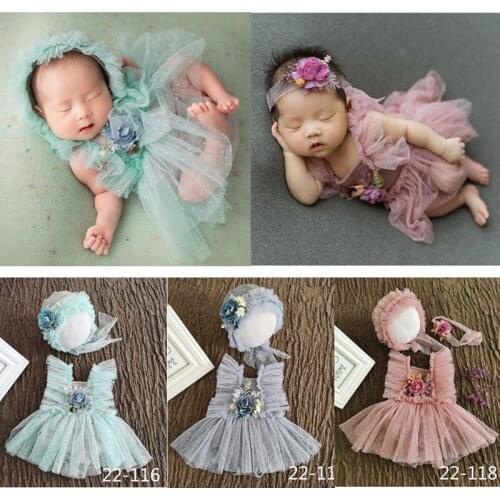 Newborn Photography Clothing Baby Girl Photo Props Accessories Lace Dress Clothes+Hat+Headwear Studio Infant Shooting Outfits
