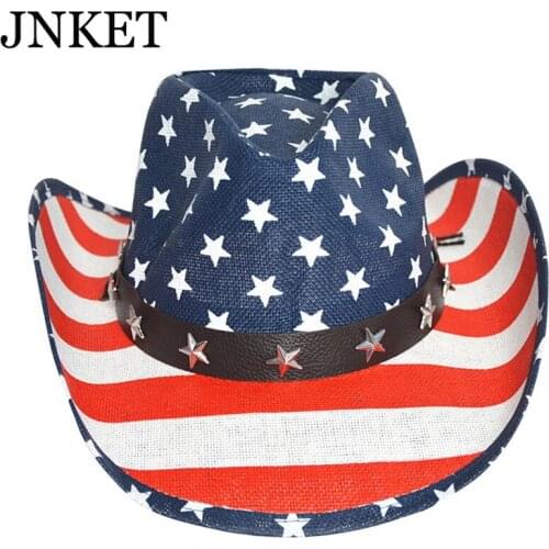 JNKET New Summer Men Women Straw Hat American Flag Hat Fedoras Hat Gangster Cap Beach Hats Panama Hat