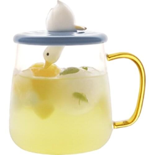 Borosilicate Glass Cheering Duck Glass Ceramic Cup with Lid Creative Gift Couple Ceramic Cover Support Underglaze Hand Painted