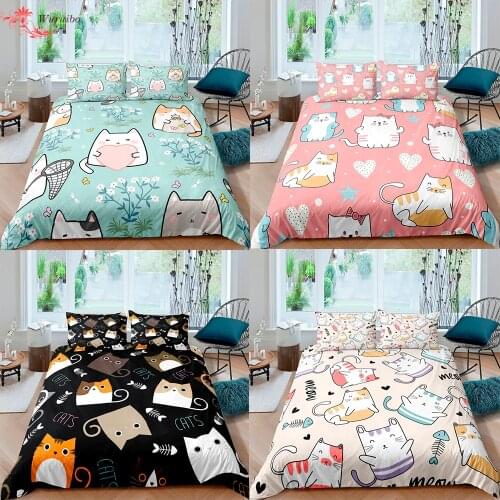 Cute Cats Printed Bedding Set Cartoon Soft Quilt Duvet Cover Pillowcase Boy Girl Kids 2/3Pcs King Queen Twin Size Bed Bedclothes