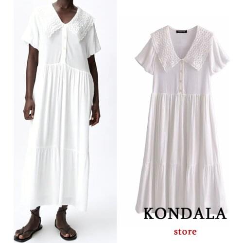 KONDALA Za 2021 Women Chic White Ruffles Midi Shirt Dress Short Sleeve Single Button 100% Cotton Dress Summer Elegant Vestidos