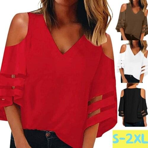 Kuelawear V-neck Off Shoulder Women T-shirt Mesh Splicing Pagoda Sleeve Chiffon Tops Ladies Shirt Summer Fashion Casual T-shirts