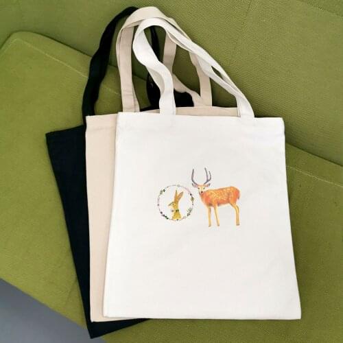 Reusable Canvas Bag Deer Printed Art Harajuku Cute Shoulder Bags for Women Shopping Bags Solid Color Large Multipurpose Handle