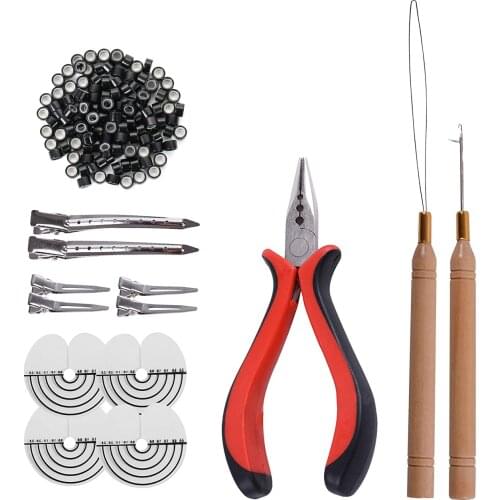 Hair Extension Tools Kit 200pcs Silicone Micro Rings 3 Holes Hair Plier With 2 Micro Pulling Needle Loop Threaders With 6 Clips