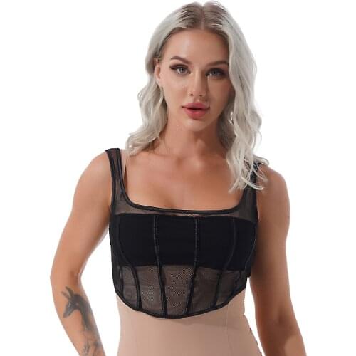 New Womens Top White Female T-shirt Cropped y2k Tops Women 2021 Fairy Grunge Corset Crop Top Solid Transparent Mesh Vest Sports