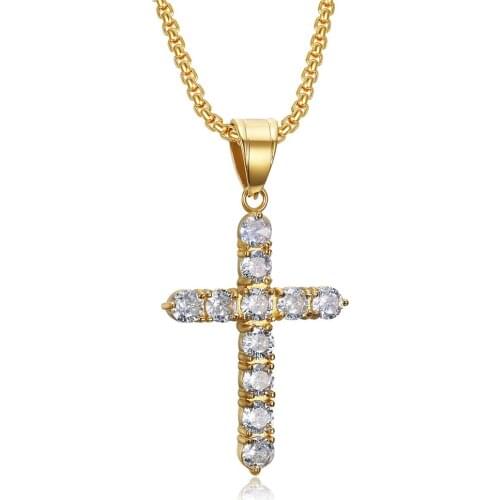 Cross Necklace For Men, Gold Color Stainless Steel Jesus Cross Pendant Necklace Womens Iced Out CZ Bling Bling Jewelry Dropship