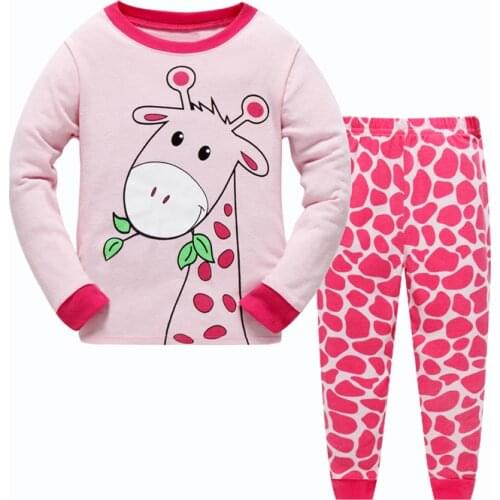 27kids Girls Cotton Pajamas Sets Toddler Babys Home Pink Clothes Giraffe Pattern Long Sleeve kids Casual Sleepwear 2-7Years