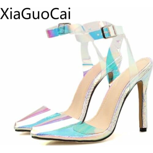 Silver High Heel Women Sandals Bright Silver Transparent High Heel Ladies Sandals Large Size Womens Pointed Toe Sandals Shoes